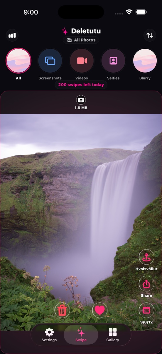 Swipe screen with waterfall photo